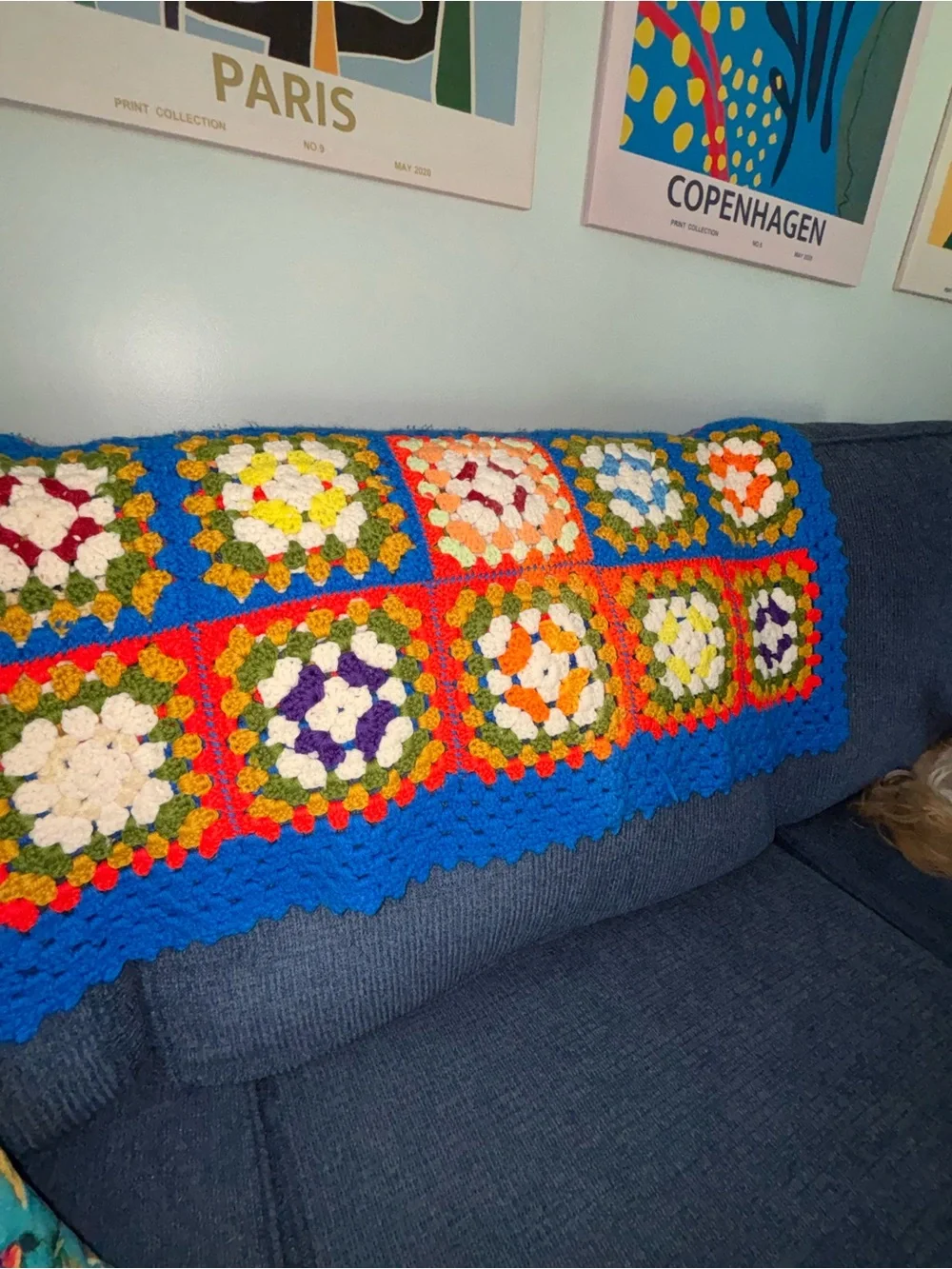Handmade Blue Multicolor Crochet Granny Square Throw - Unbranded